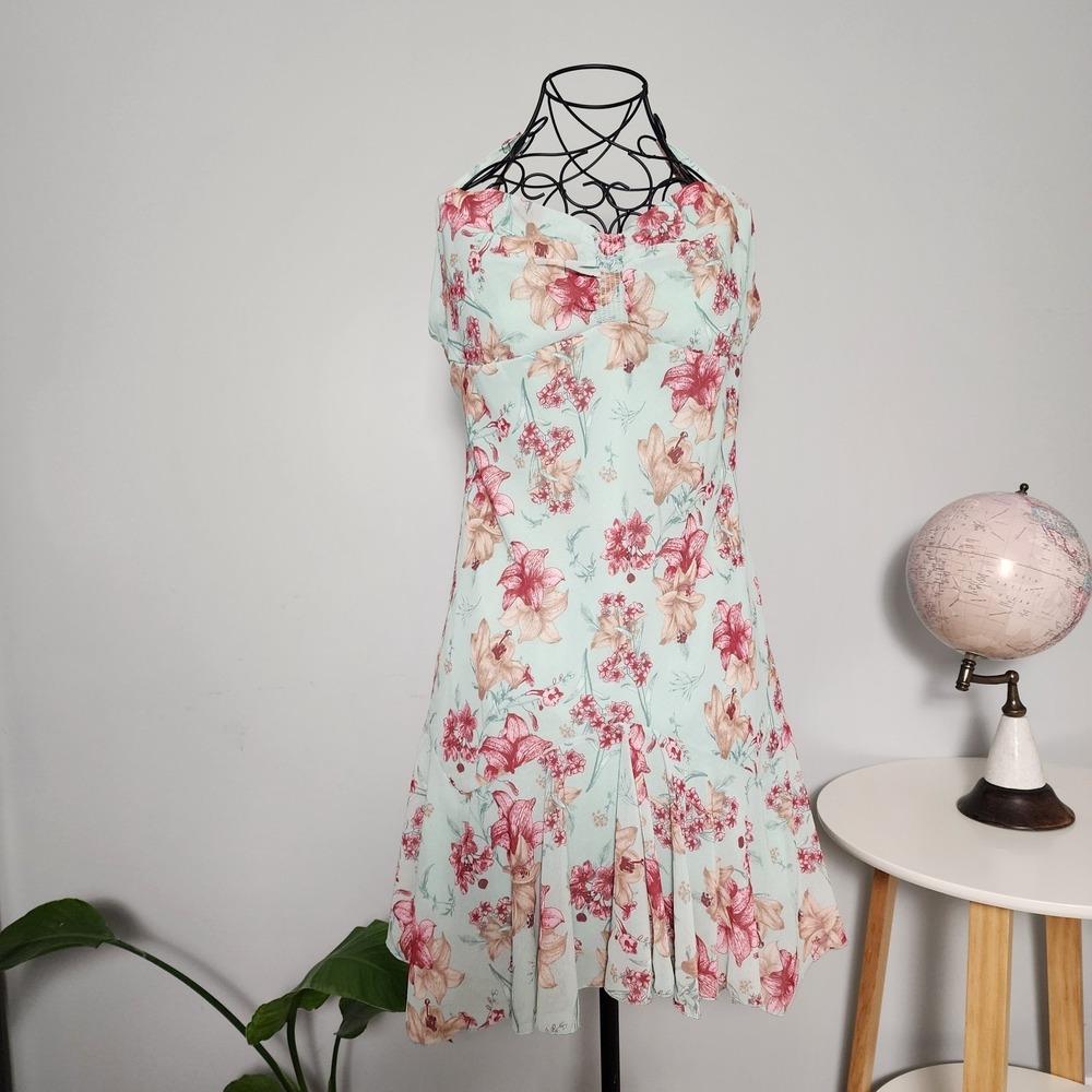 Forever 21 Floral Lily Print Mint Green Mini Dress Size Medium Summer Sun Dress